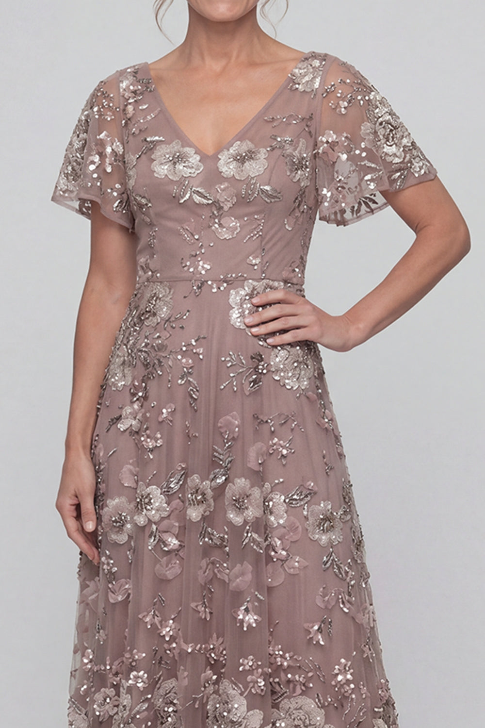 V-Neck A Line Long Dusty Rose Floral Mother of the Bride Dress with Sleeves