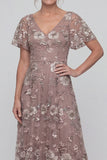 V-Neck A Line Long Dusty Rose Floral Mother of the Bride Dress with Sleeves