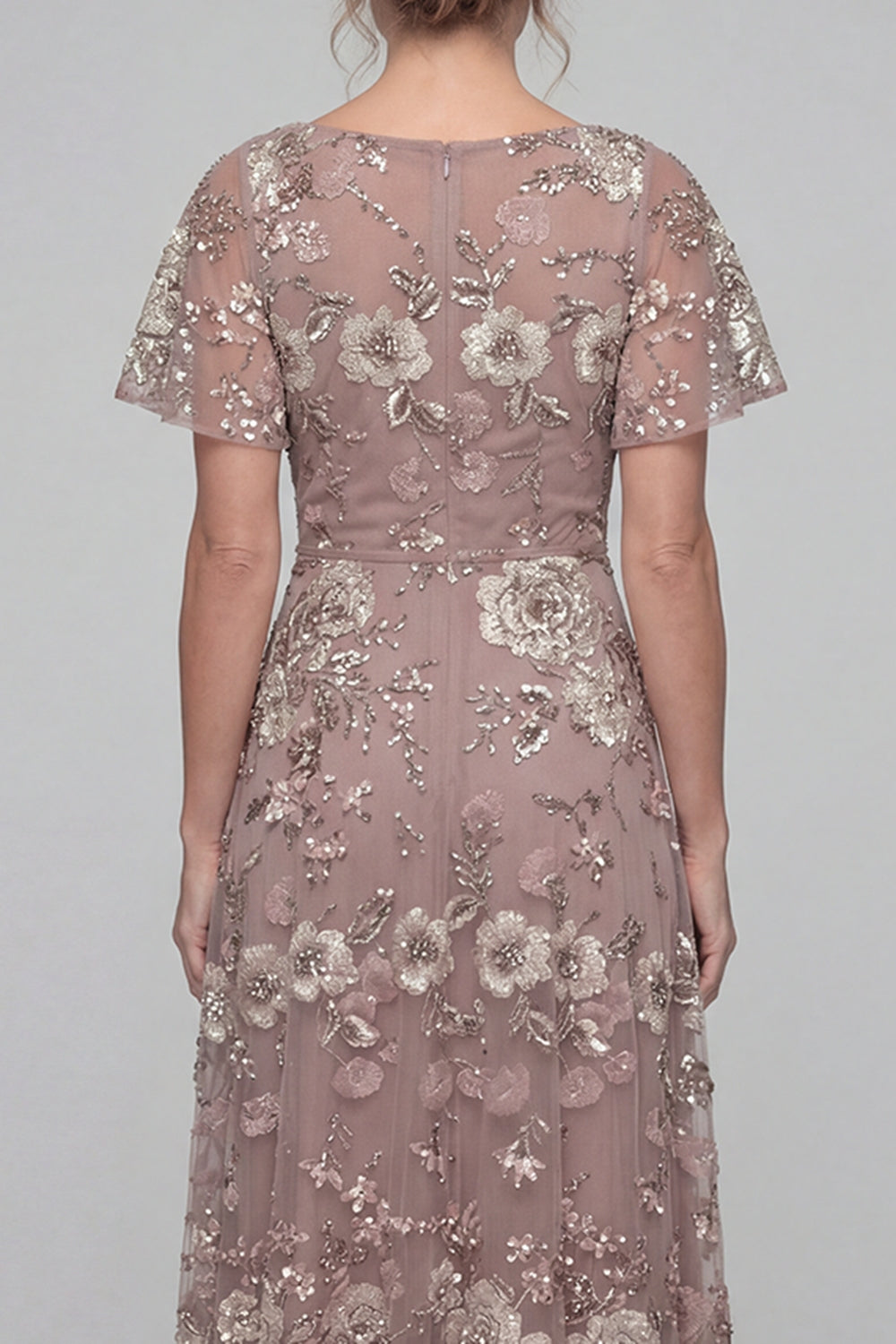 V-Neck A Line Long Dusty Rose Floral Mother of the Bride Dress with Sleeves