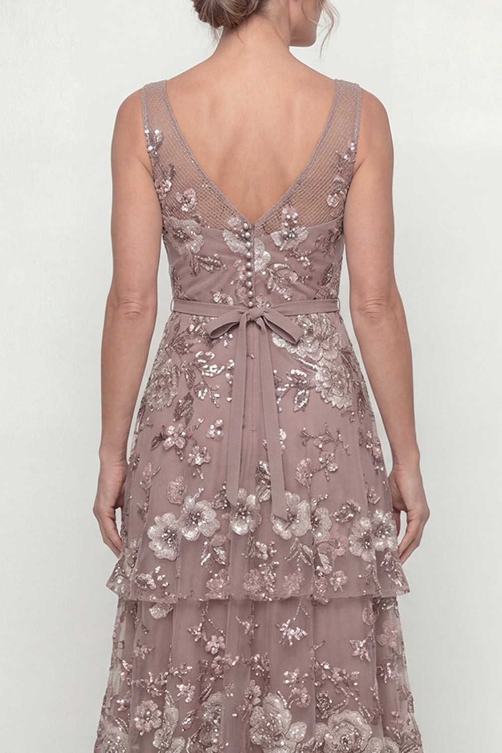 Dusty Rose Long A Line Floral Mother of the Bride Dress with Ruffles