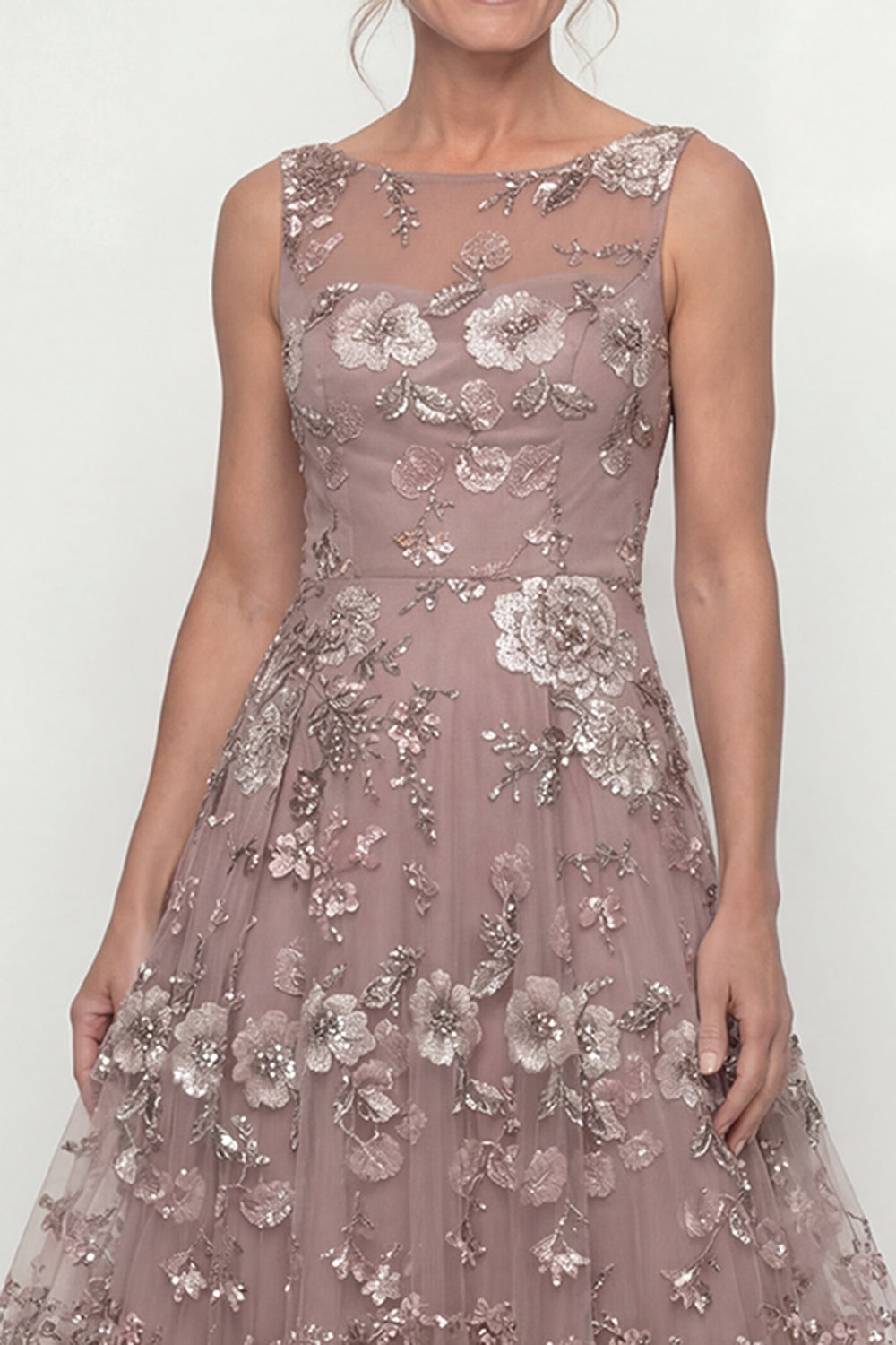 A Line Dusty Rose Long Floral Mother of the Bride Dress with Beading