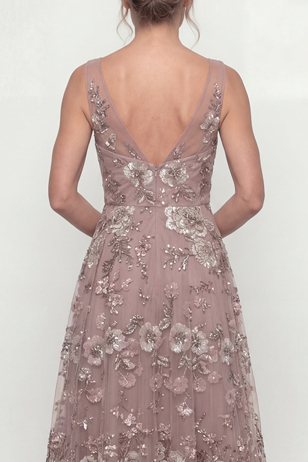 A Line Dusty Rose Long Floral Mother of the Bride Dress with Beading