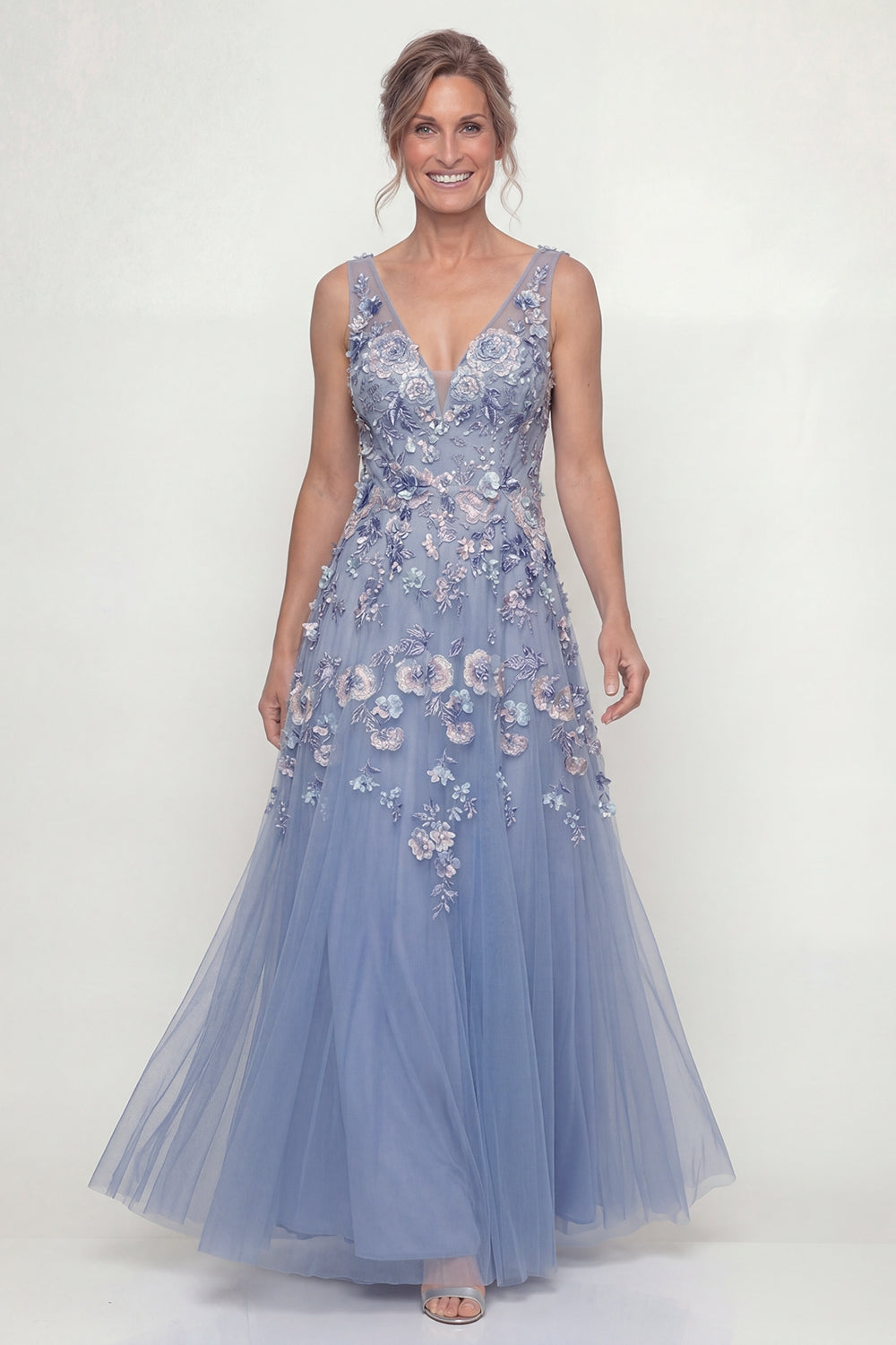 Long A Line V-Neck Dusty Blue Floral Mother of the Bride Dress