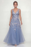 Long A Line V-Neck Dusty Blue Floral Mother of the Bride Dress