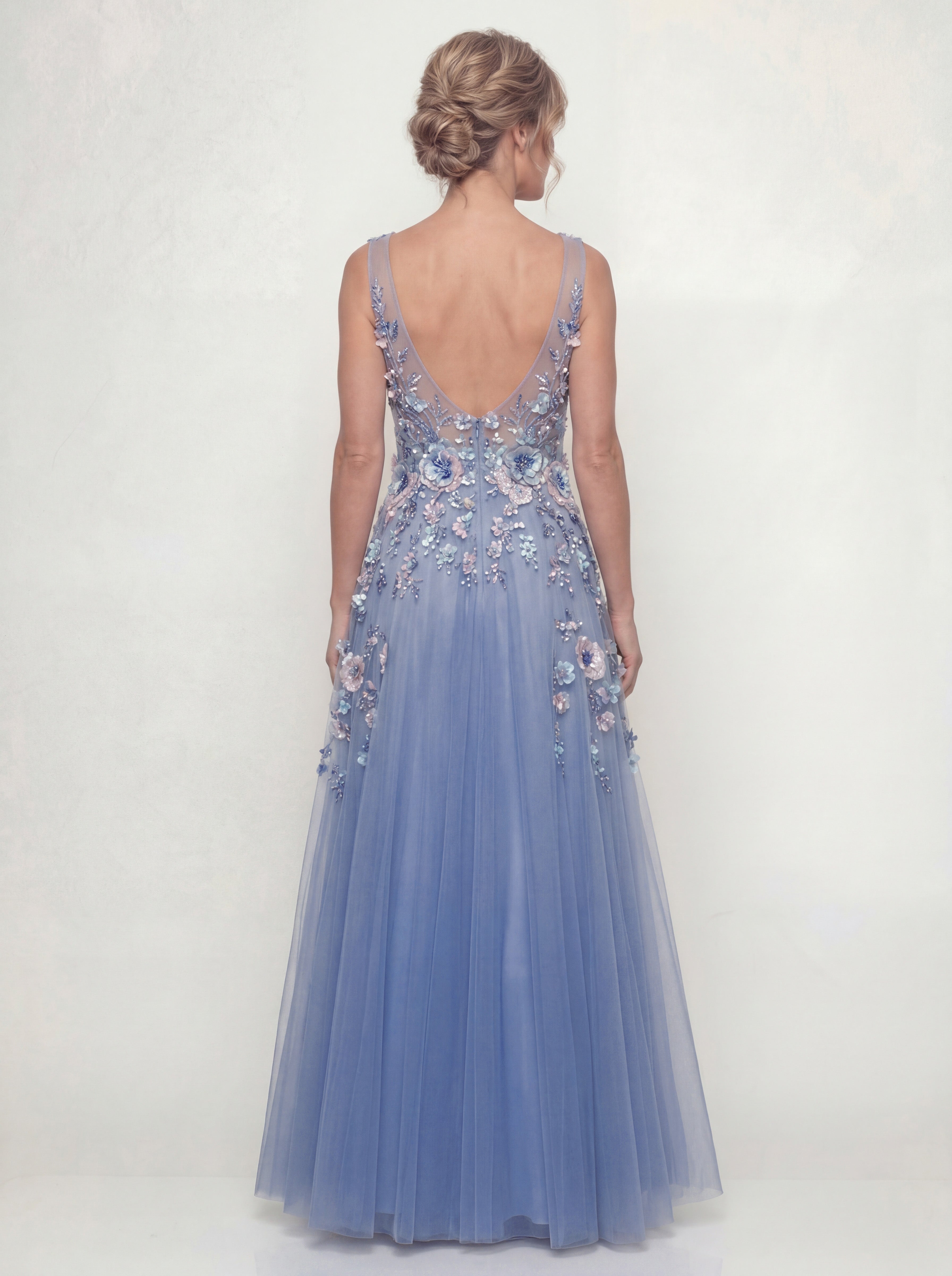 Long A Line V-Neck Dusty Blue Floral Mother of the Bride Dress