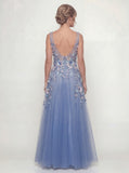 Long A Line V-Neck Dusty Blue Floral Mother of the Bride Dress