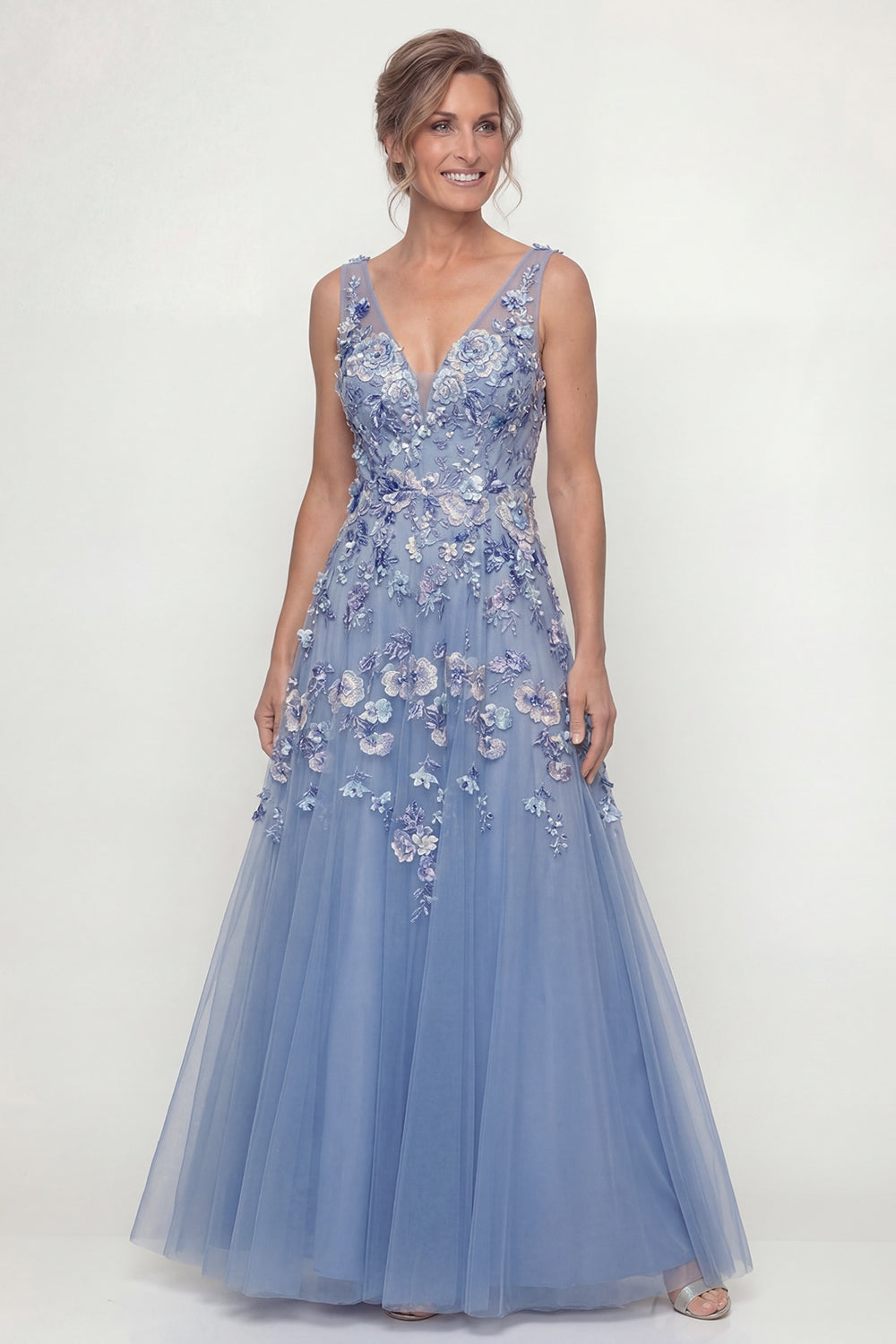 Long A Line V-Neck Dusty Blue Floral Mother of the Bride Dress