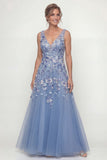 Long A Line V-Neck Dusty Blue Floral Mother of the Bride Dress