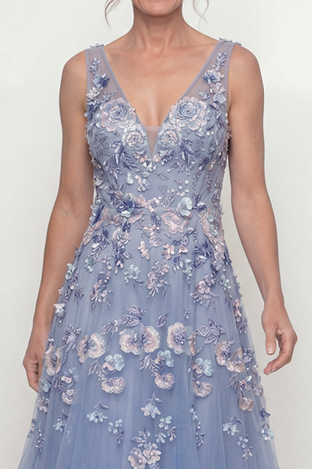 Long A Line V-Neck Dusty Blue Floral Mother of the Bride Dress