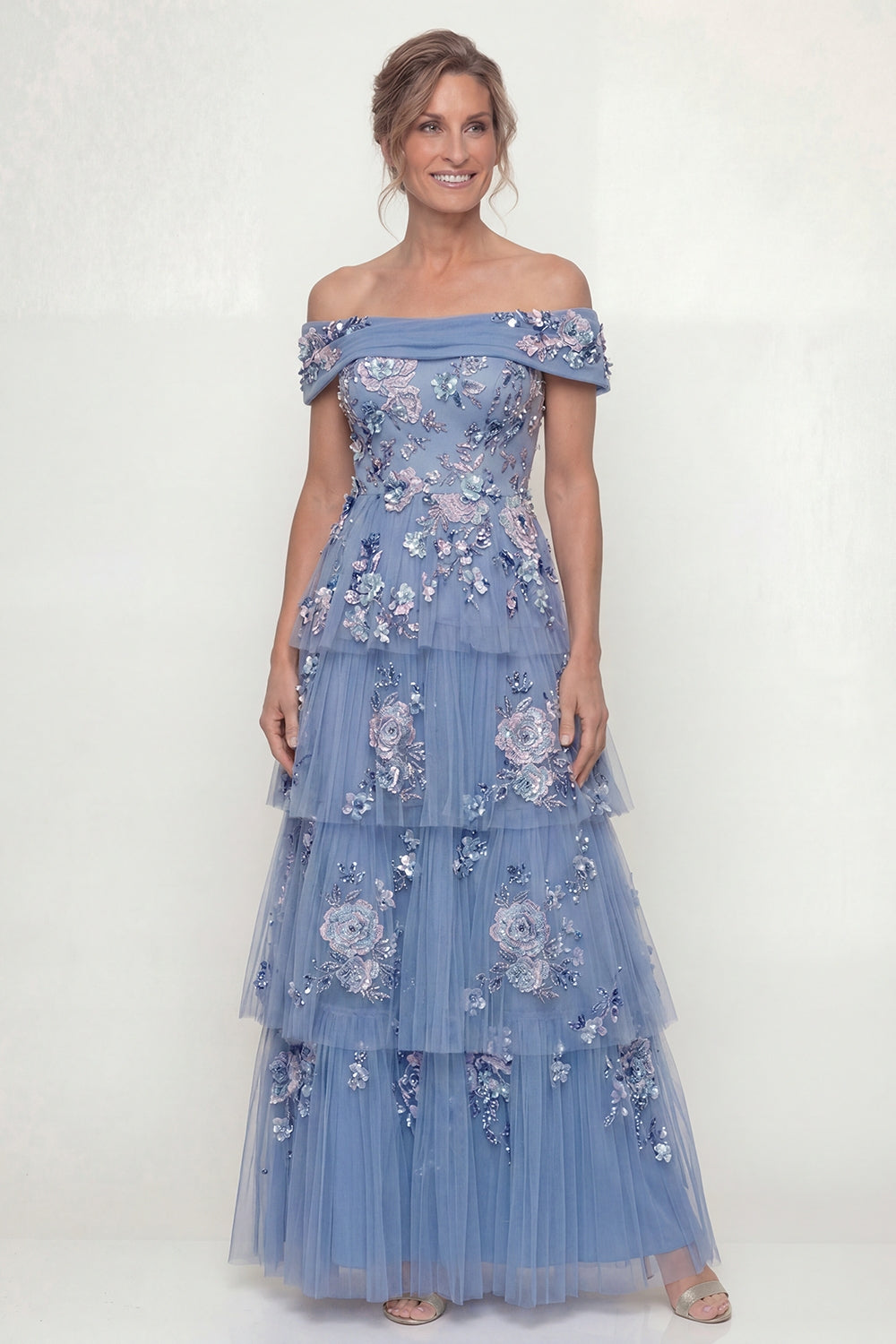 A Line Dusty Blue Floral Long Mother of the Bride Dress with Ruffles