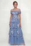 A Line Dusty Blue Floral Long Mother of the Bride Dress with Ruffles