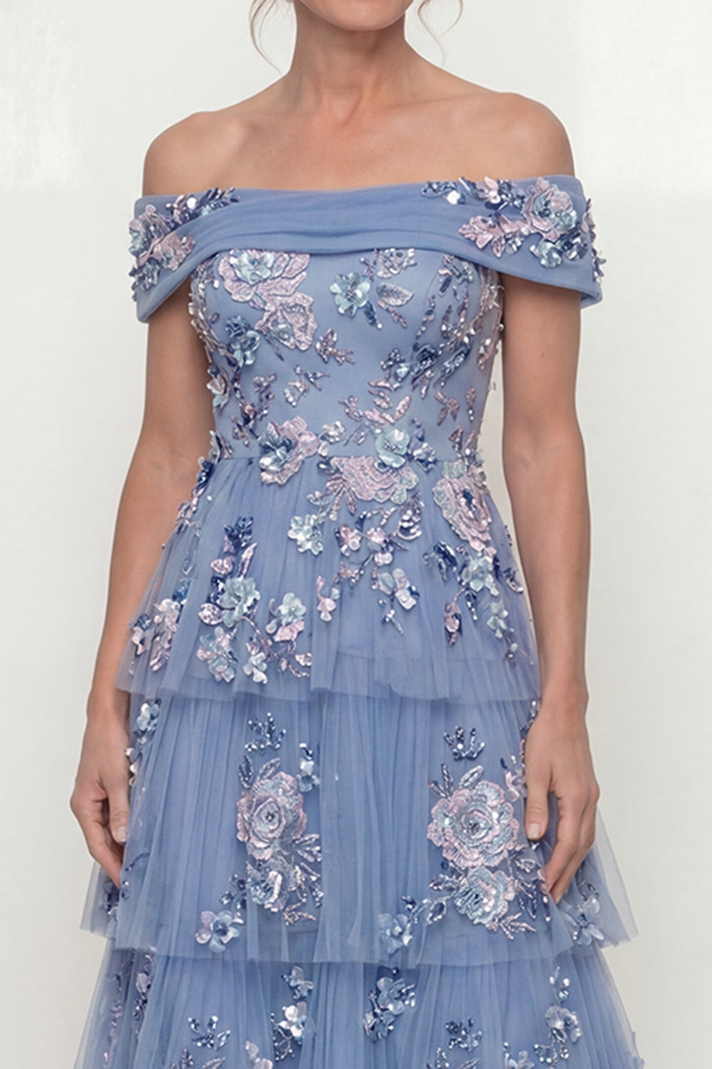 A Line Dusty Blue Floral Long Mother of the Bride Dress with Ruffles