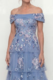 A Line Dusty Blue Floral Long Mother of the Bride Dress with Ruffles