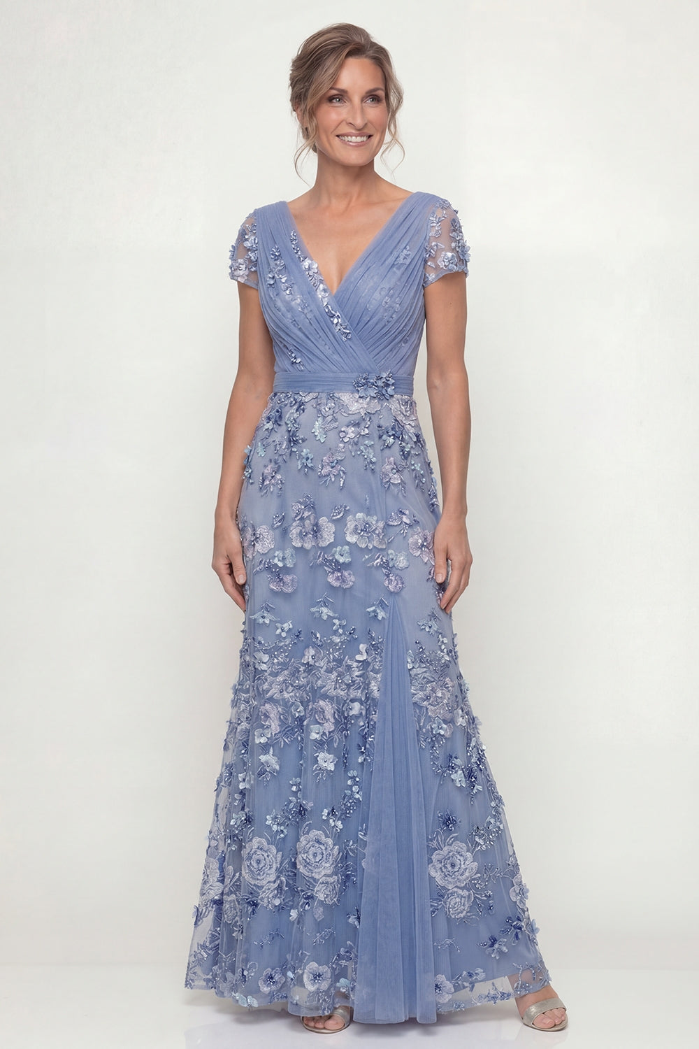 Long Ruched A Line Dusty Blue Floral Mother of the Bride Dress