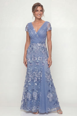 Long Ruched A Line Dusty Blue Floral Mother of the Bride Dress