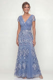 Long Ruched A Line Dusty Blue Floral Mother of the Bride Dress
