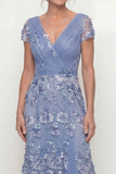 Long Ruched A Line Dusty Blue Floral Mother of the Bride Dress