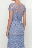 Long Ruched A Line Dusty Blue Floral Mother of the Bride Dress
