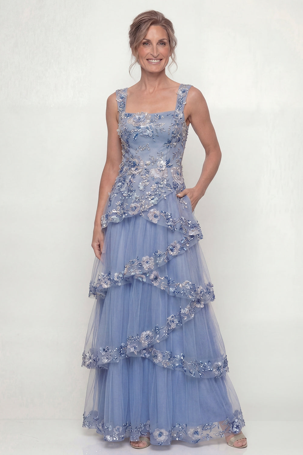 A Line Dusty Blue Floral Long Mother of the Bride Dress with Ruffles