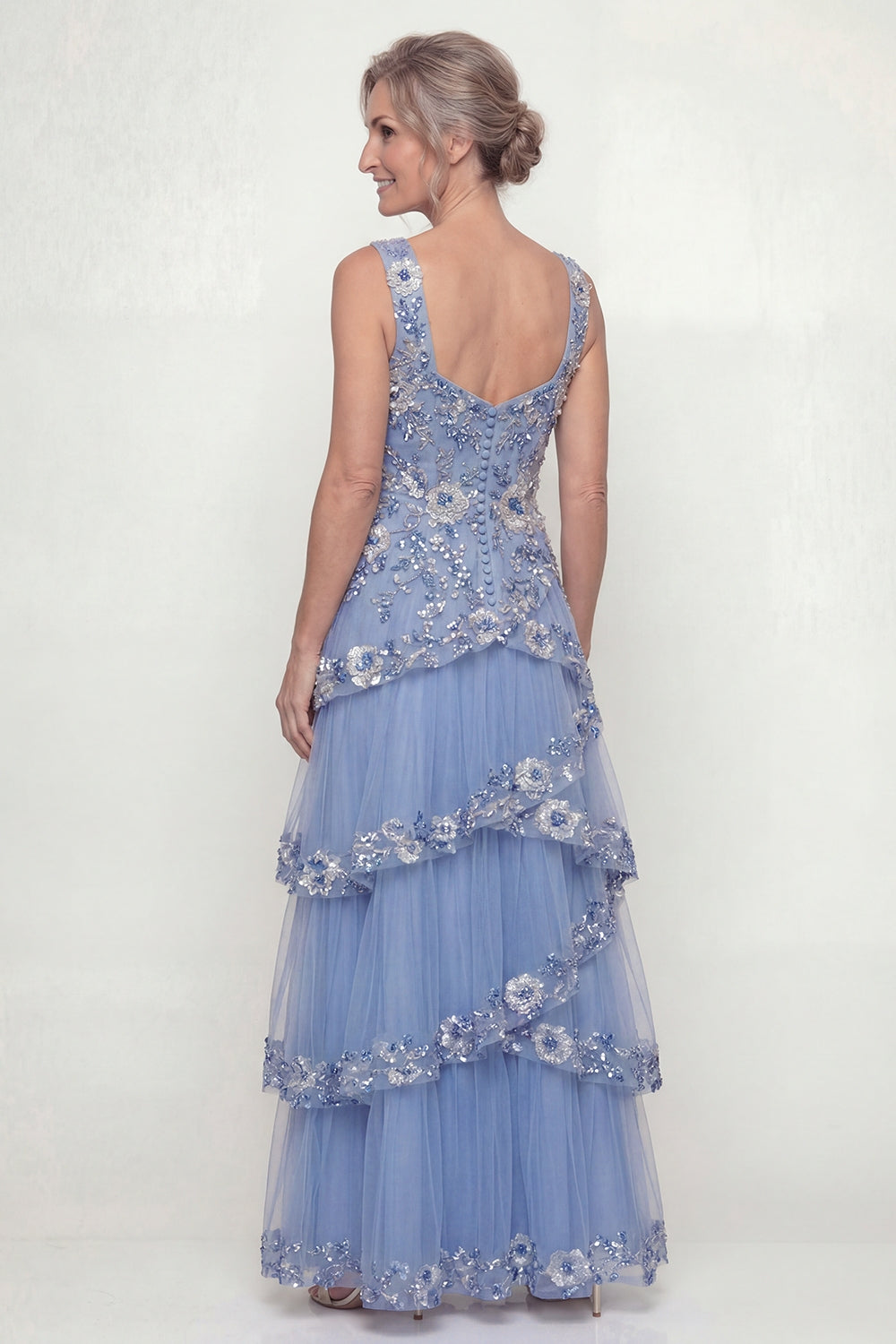 A Line Dusty Blue Floral Long Mother of the Bride Dress with Ruffles