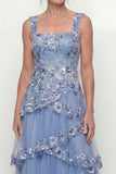 A Line Dusty Blue Floral Long Mother of the Bride Dress with Ruffles