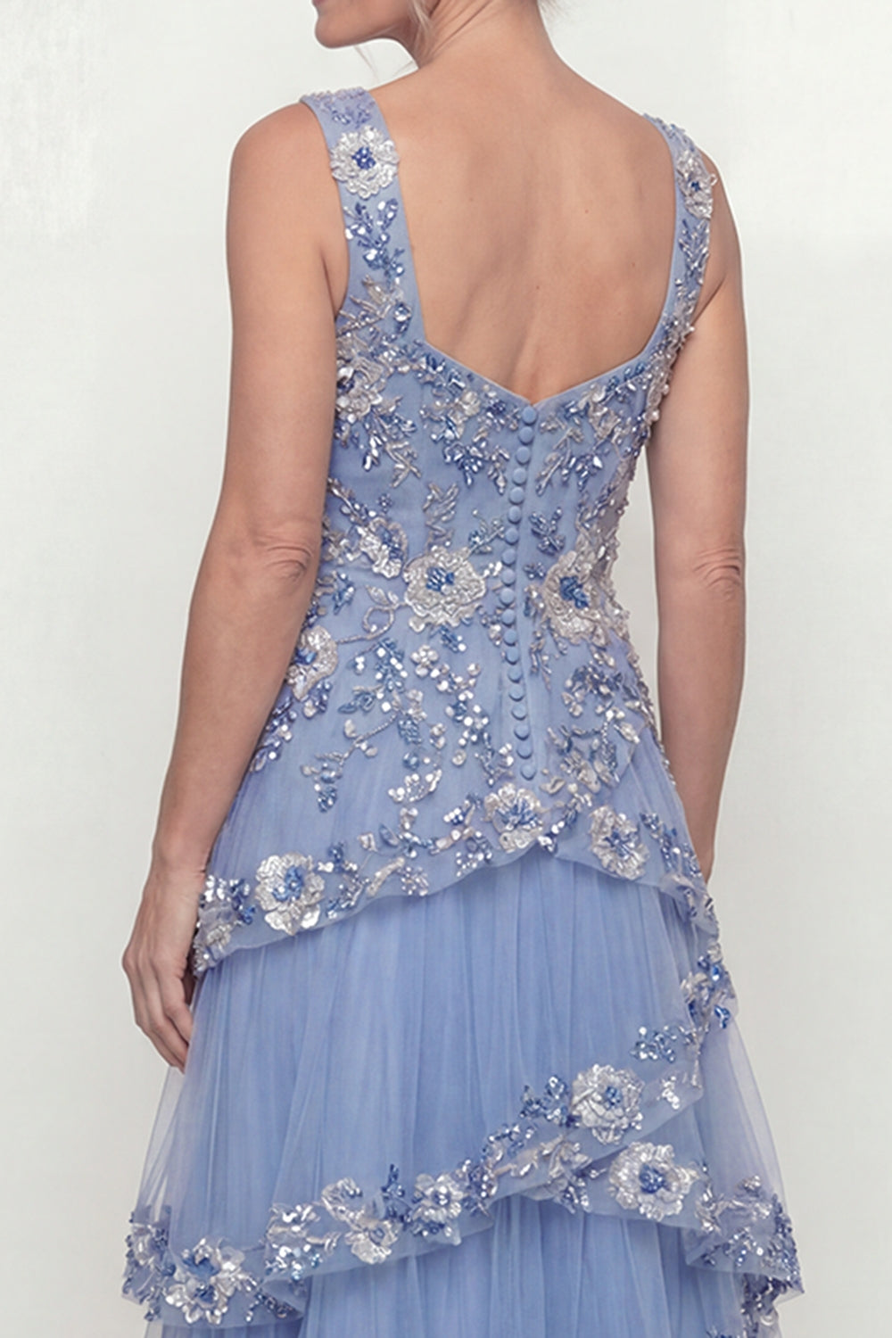 A Line Dusty Blue Floral Long Mother of the Bride Dress with Ruffles