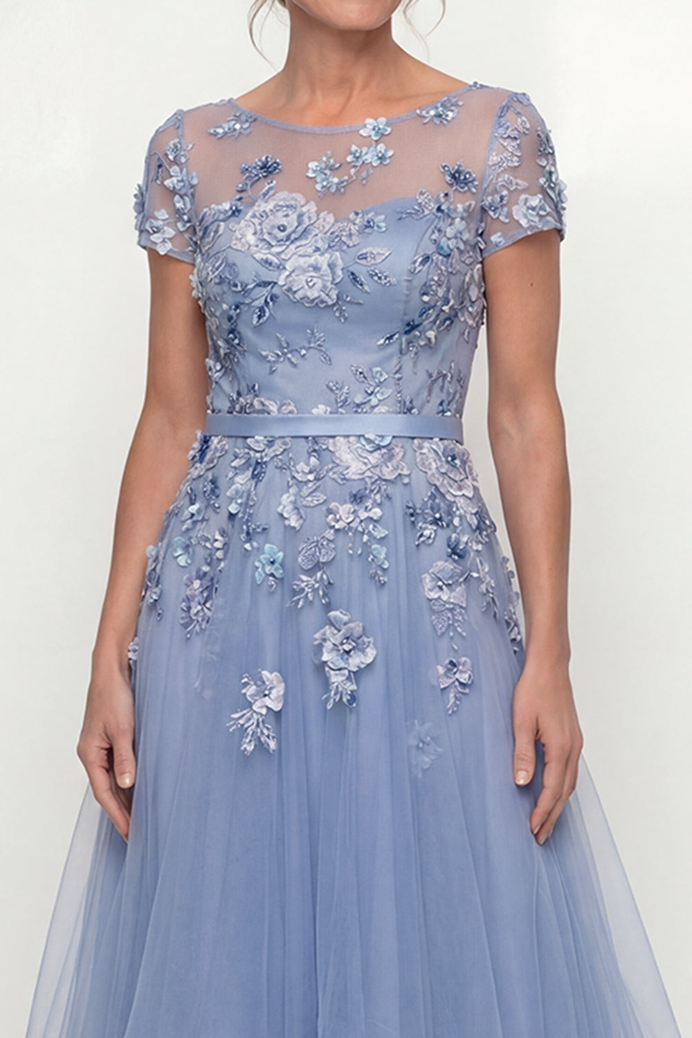Dusty Blue Long A Line Floral Mother of the Bride Dress with Ruffles