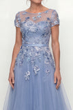 Dusty Blue Long A Line Floral Mother of the Bride Dress with Ruffles