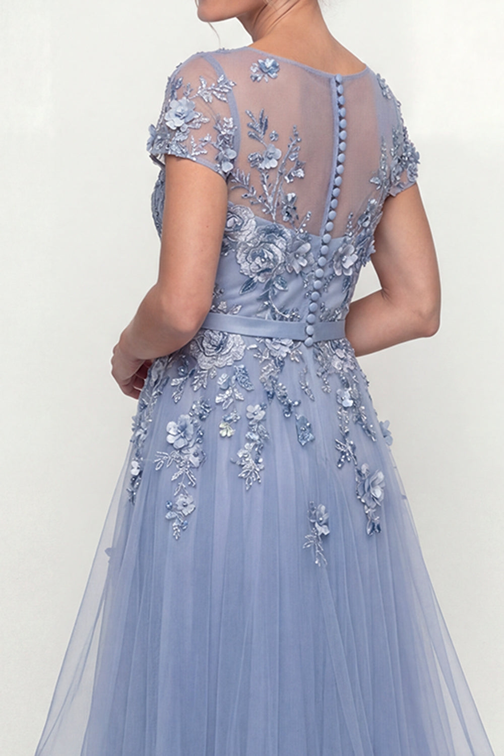 Dusty Blue Long A Line Floral Mother of the Bride Dress with Ruffles