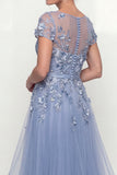 Dusty Blue Long A Line Floral Mother of the Bride Dress with Ruffles