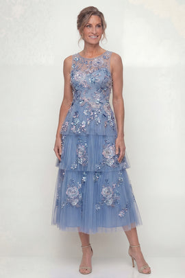 Maxi Blue A Line Floral Mother of the Bride Dress with Ruffles
