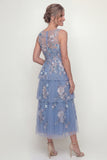 Maxi Blue A Line Floral Mother of the Bride Dress with Ruffles