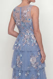 Maxi Blue A Line Floral Mother of the Bride Dress with Ruffles