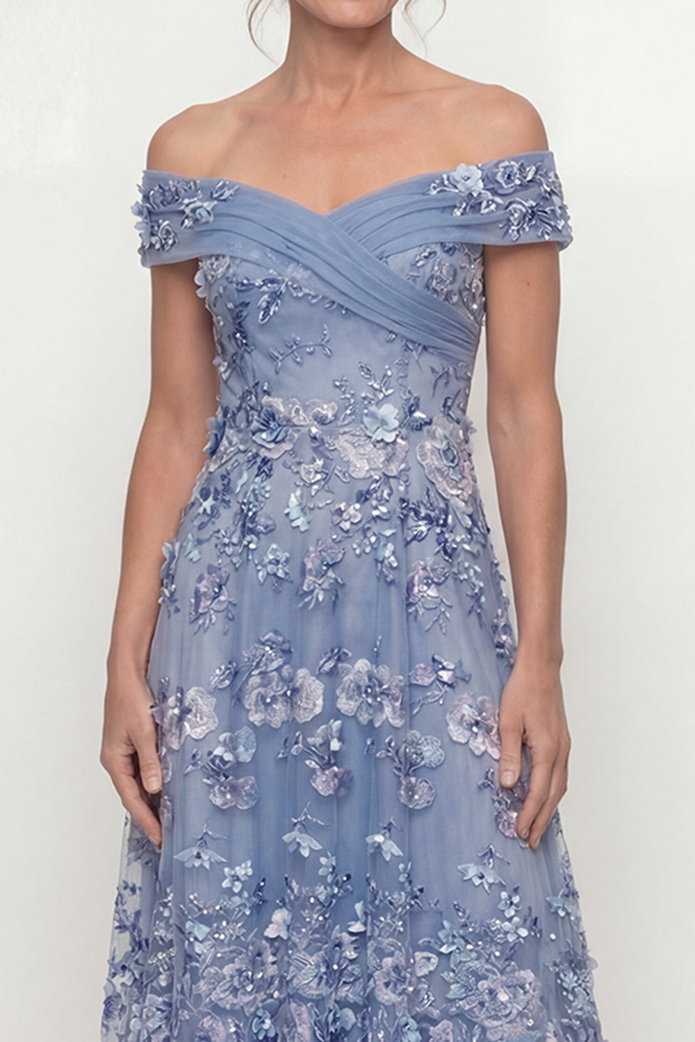 Floral Dusty Blue Long A Line Mother of the Bride Dress