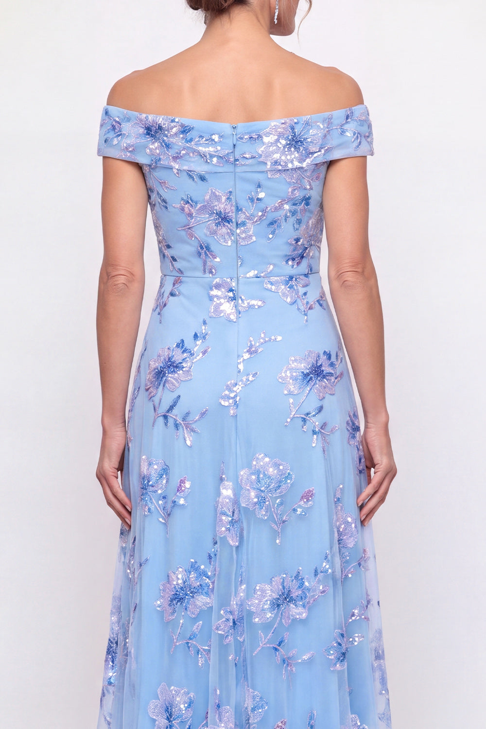 Floral Dusty Blue Beaded Long A Line Mother of the Bride Dress
