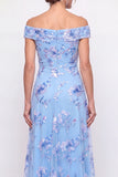 Floral Dusty Blue Beaded Long A Line Mother of the Bride Dress