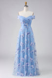 Floral Dusty Blue Beaded Long A Line Mother of the Bride Dress