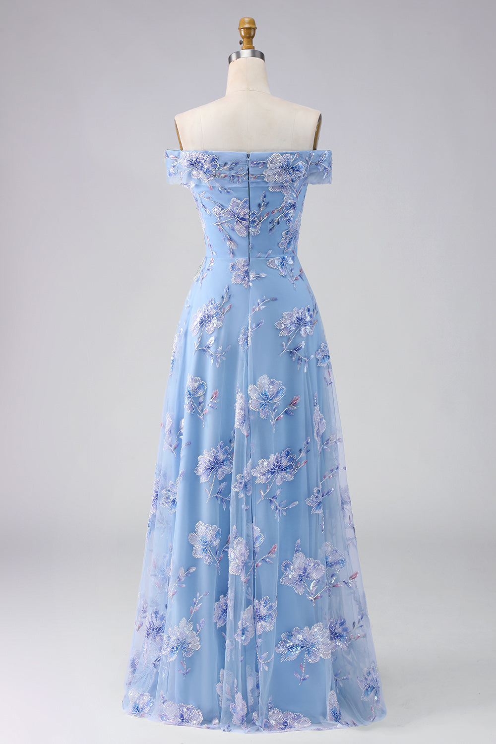 Floral Dusty Blue Beaded Long A Line Mother of the Bride Dress