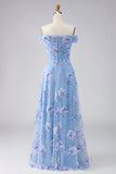 Floral Dusty Blue Beaded Long A Line Mother of the Bride Dress