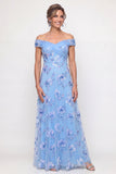 Floral Dusty Blue Beaded Long A Line Mother of the Bride Dress