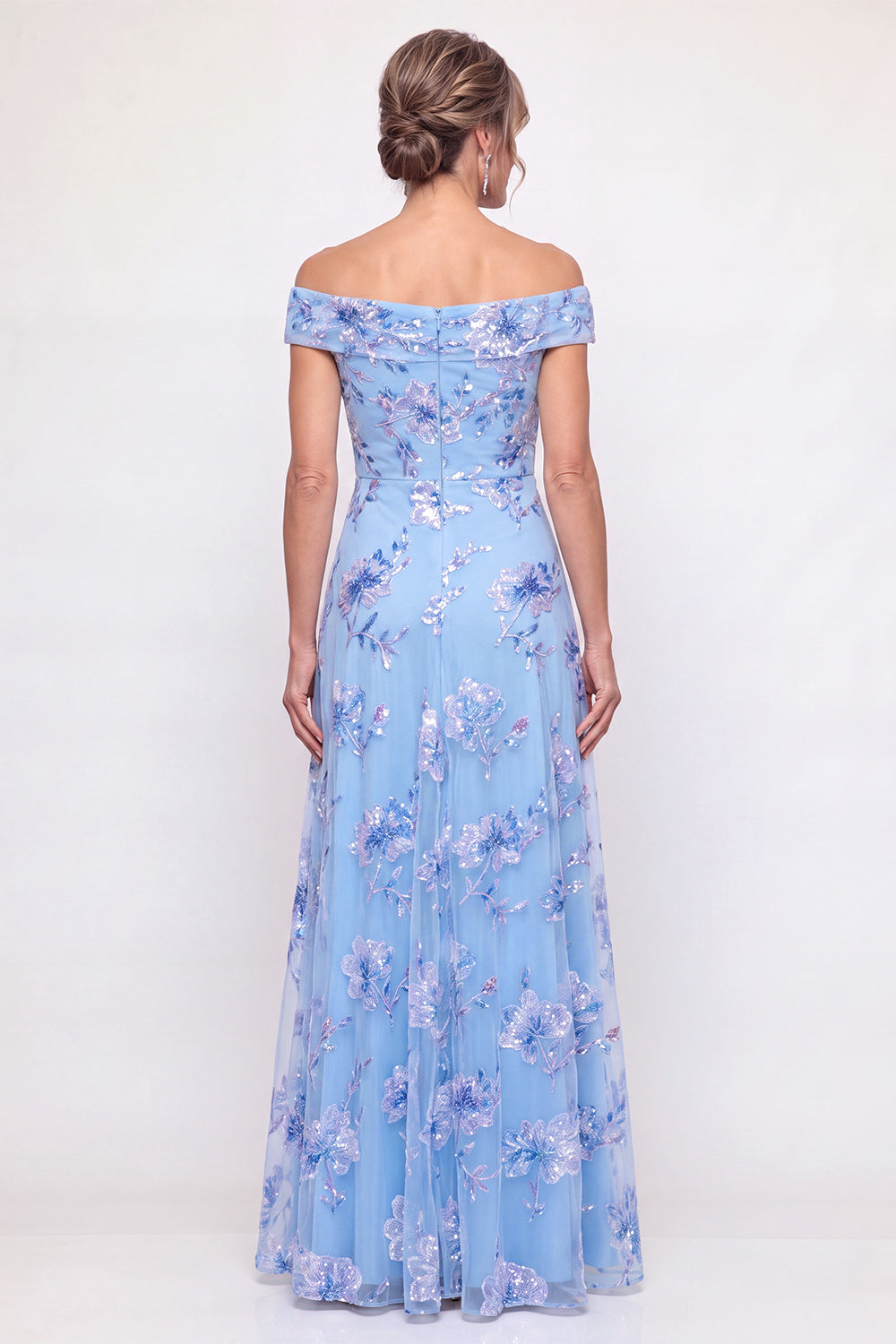 Floral Dusty Blue Beaded Long A Line Mother of the Bride Dress