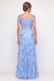 Floral Dusty Blue Beaded Long A Line Mother of the Bride Dress