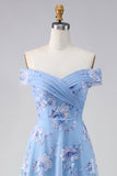 Floral Dusty Blue Beaded Long A Line Mother of the Bride Dress