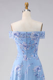 Floral Dusty Blue Beaded Long A Line Mother of the Bride Dress