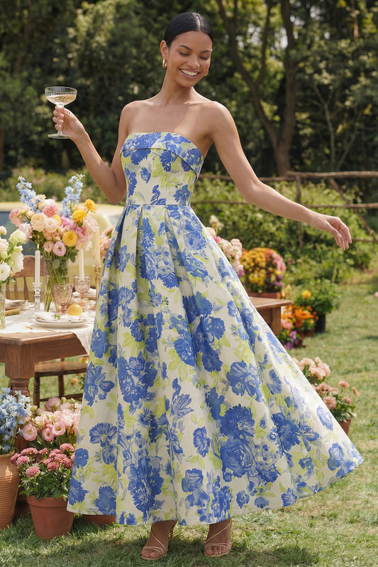 Blue Daffodil Flower A Line Floral Maxi Strapless Wedding Guest Dress