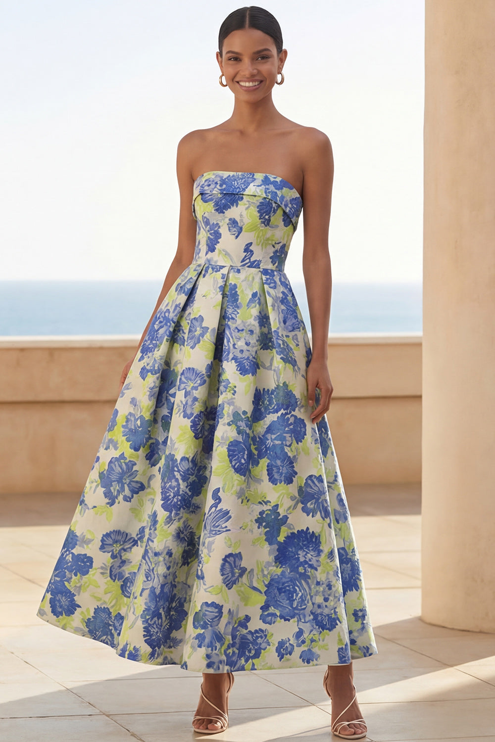 Blue Daffodil Flower A Line Floral Maxi Strapless Wedding Guest Dress