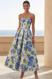 Blue Daffodil Flower A Line Floral Maxi Strapless Wedding Guest Dress