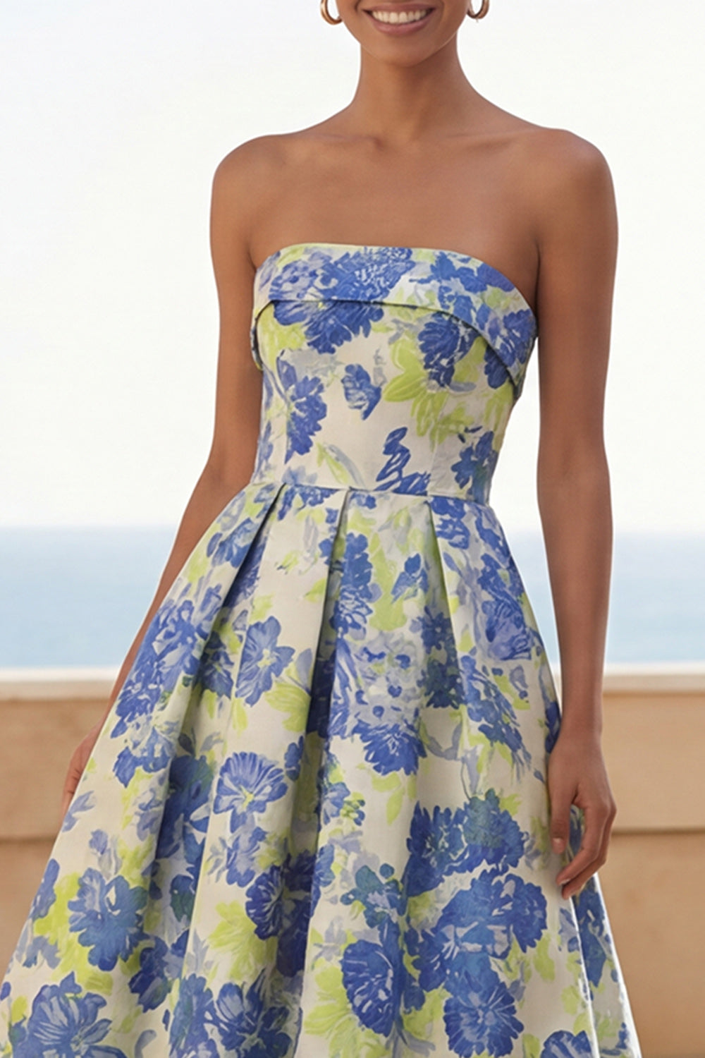 Blue Daffodil Flower A Line Floral Maxi Strapless Wedding Guest Dress