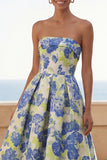 Blue Daffodil Flower A Line Floral Maxi Strapless Wedding Guest Dress