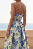 Blue Daffodil Flower A Line Floral Maxi Strapless Wedding Guest Dress